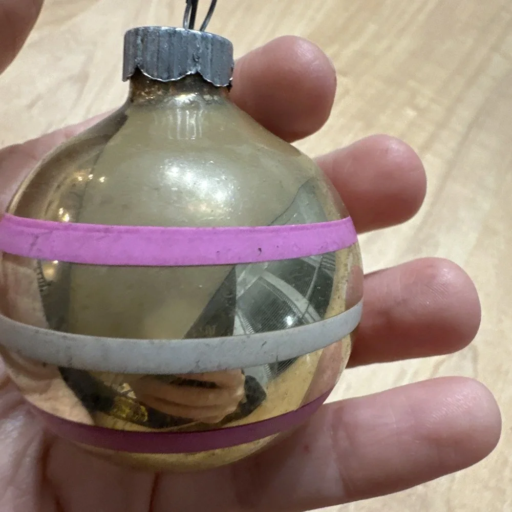 3 Shiny Brite Vintage Christmas Ornaments MCM Striped Glass Balls USA 1950s